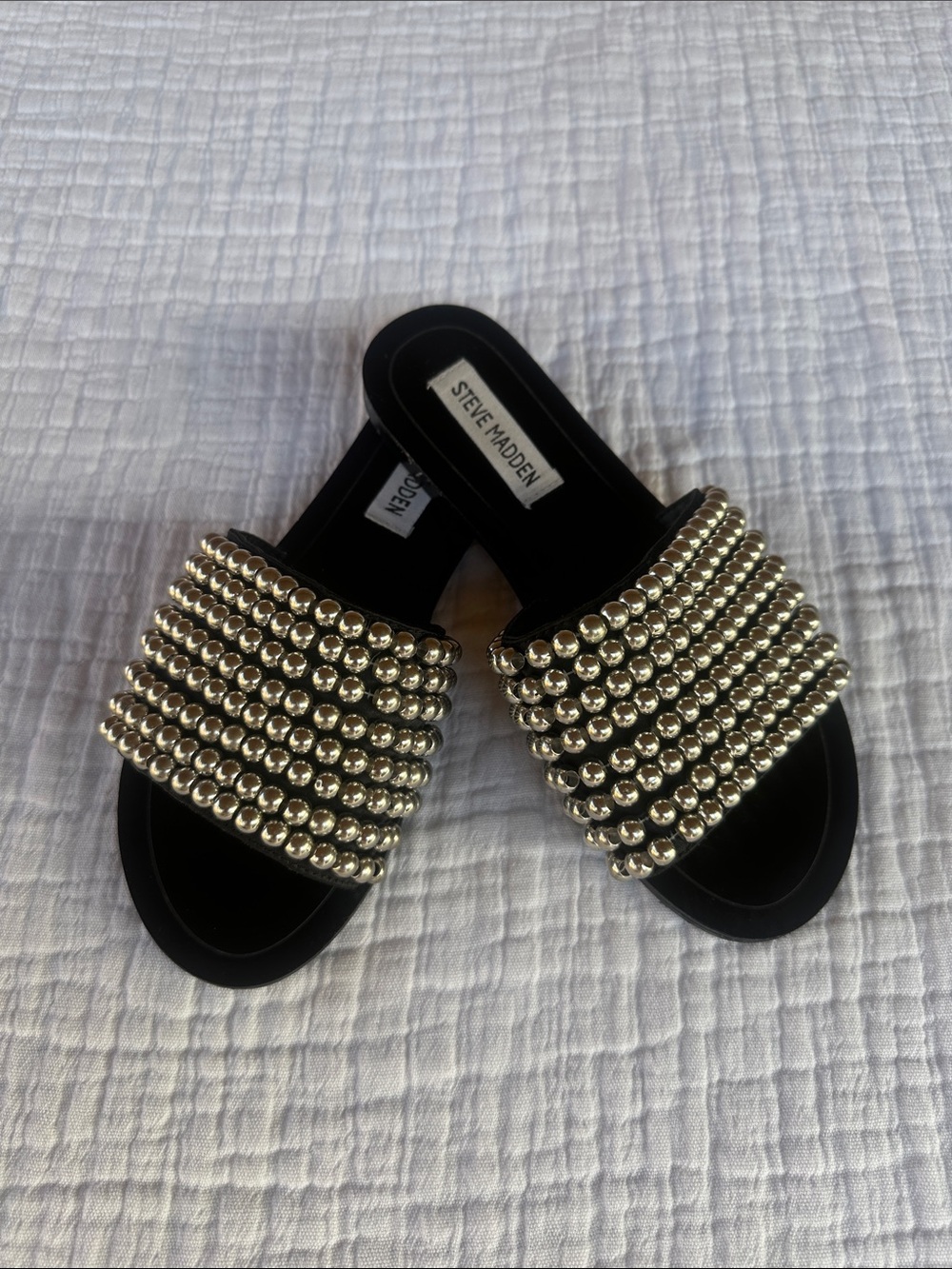 Steve Madden Black Slides with Gold Bead Straps